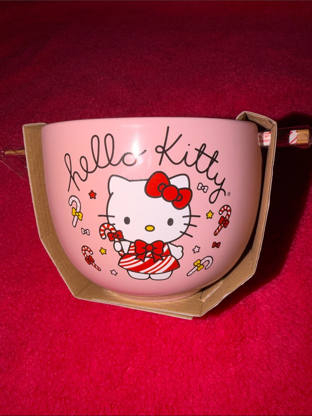 Hello Kitty Pink and Red Ceramic Bowl with Candy Cane Motif